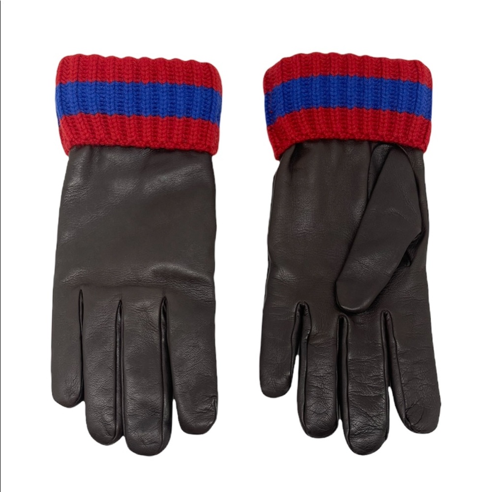 Gucci New Dark Brown Leather Web Signature Lambskin Cashmere Men’s Gloves - Picture 5 of 10